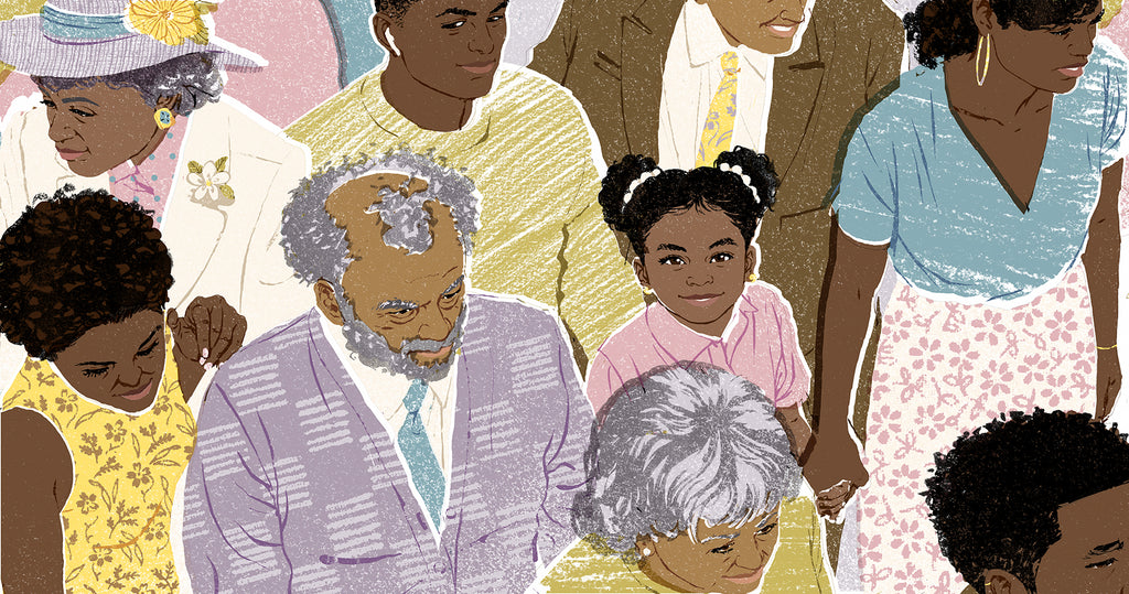 Illustration of a group of black community members with a little girl looking directly at viewer while her mother holds her hand.