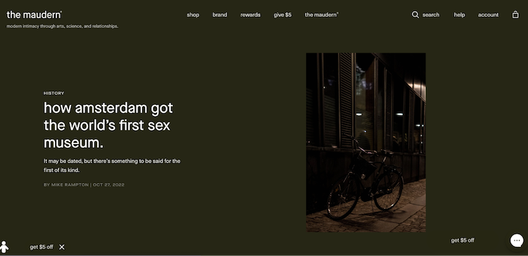 Maude blog The Maudern homepage with a single hero blog post and header image of a bike parked on the street at night