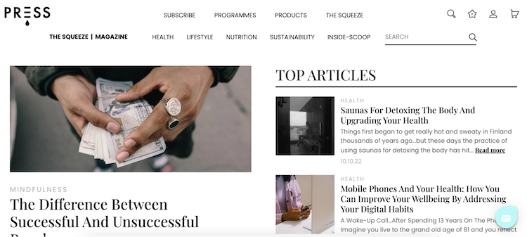 The Squeeze Magazine homepage with featured posts and its associated blog headers