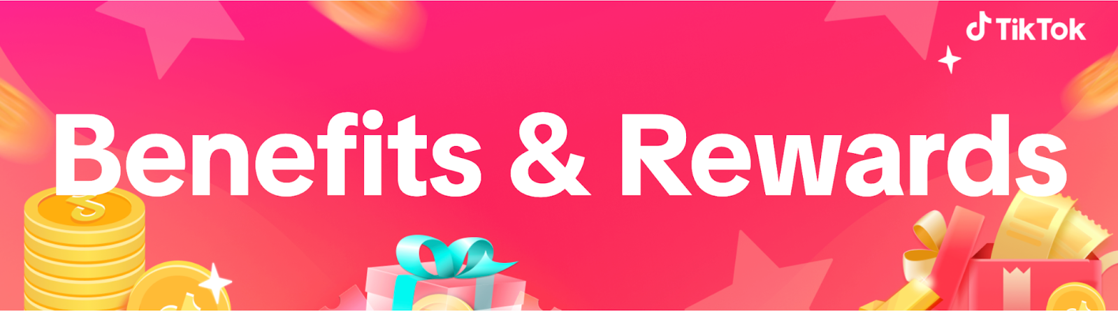 Banner featuring piles of gold coins and gifts representing the TikTok Rewards program.