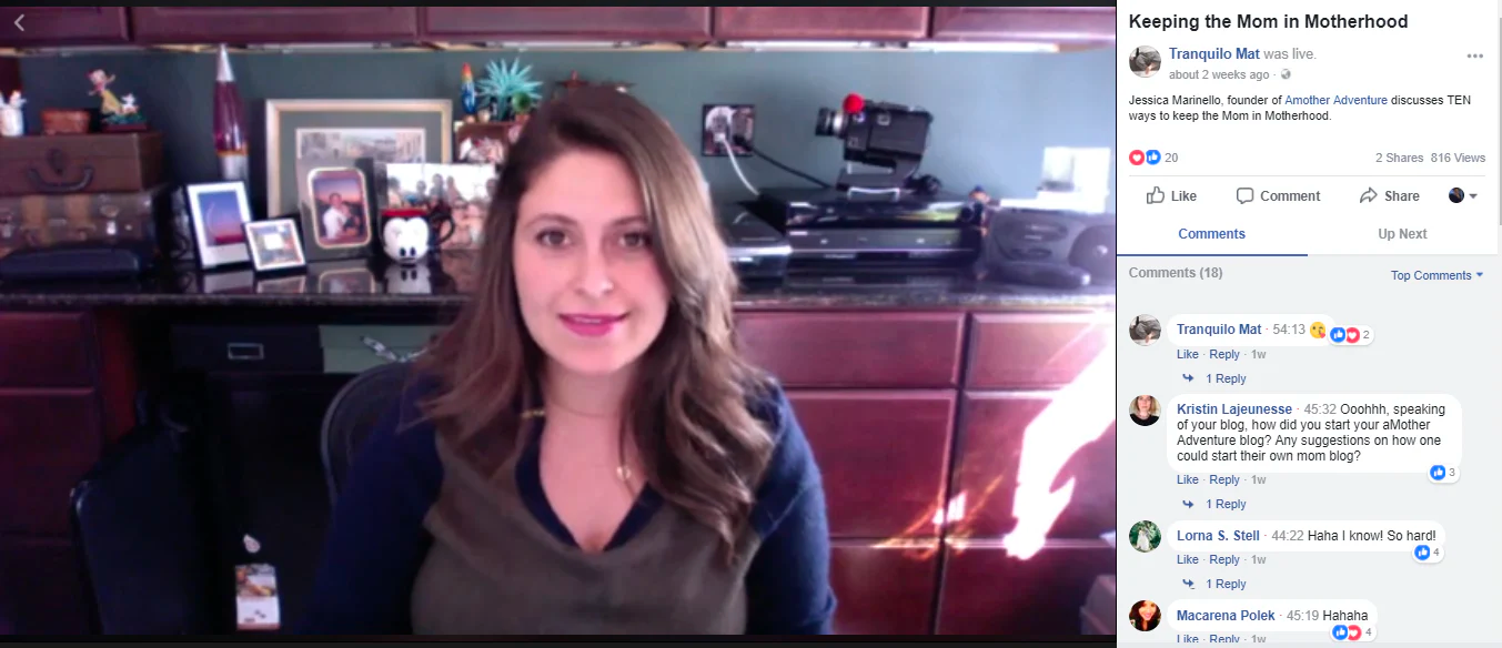 Woman with brown hair sitting in an office and broadcasting through Facebook live.