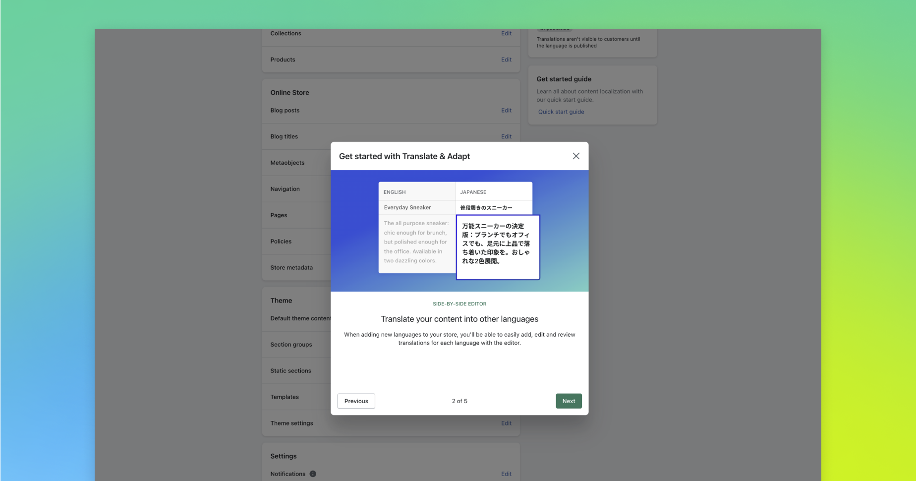 Shopify admin showing the Translate & Adapt app 