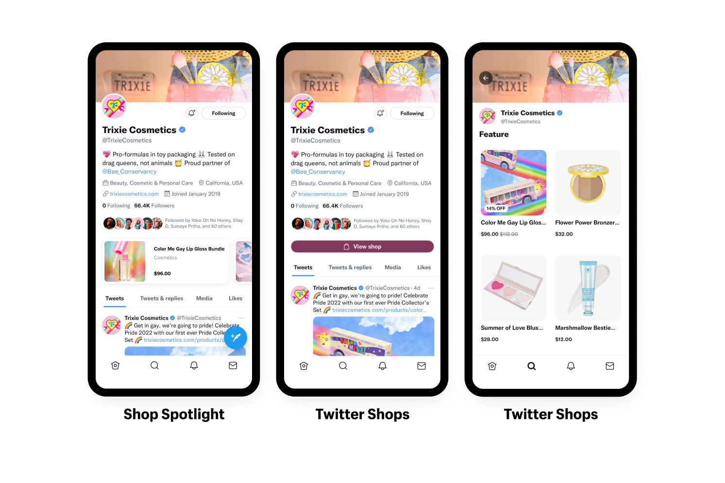 Screenshots of Twitter Shopping on Trixie Mattel's profile