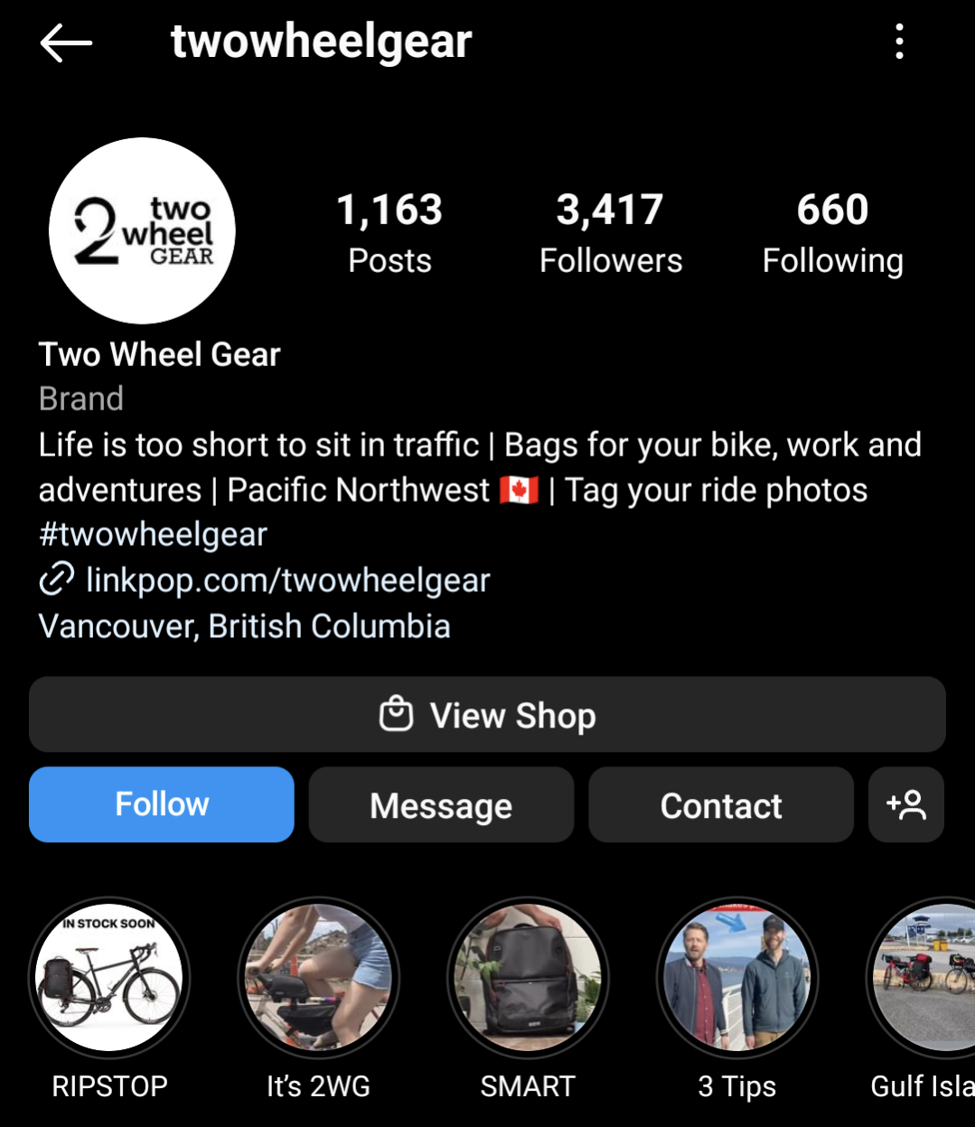 Two Wheel Gear uses a tagline in its Instagram bio