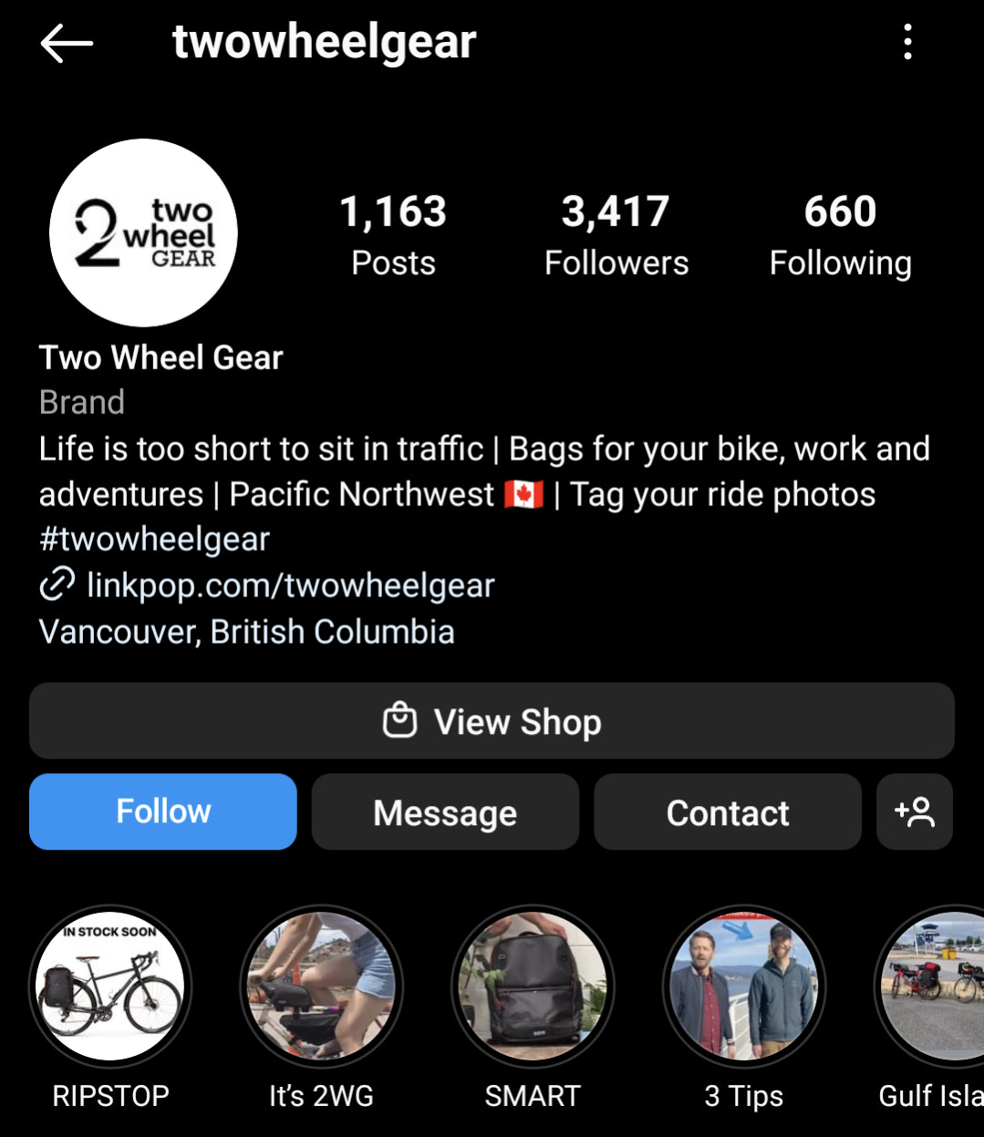 screenshot of Two Wheel Gear Instagram bio