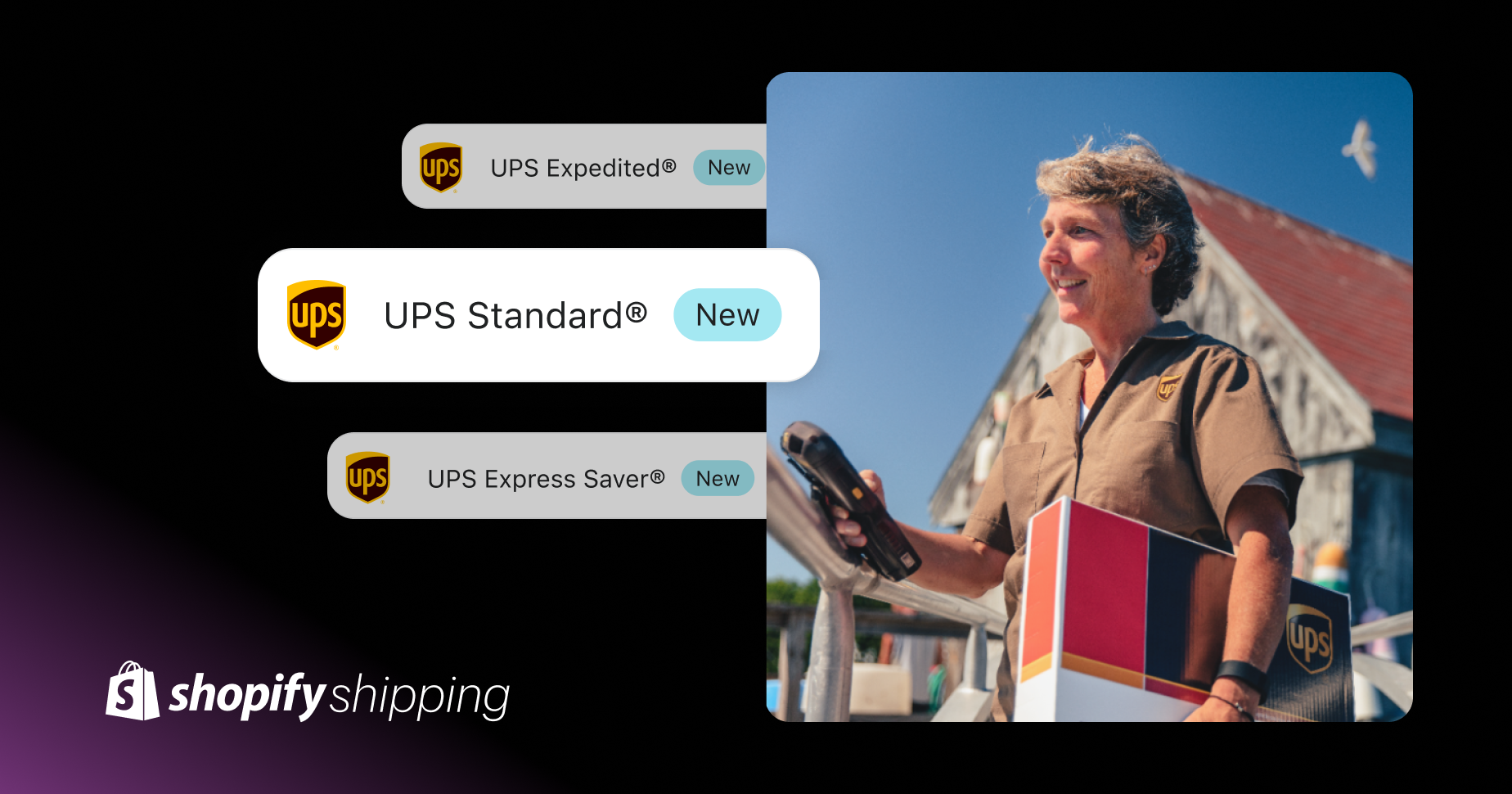 A UPS driver holding a sealed package with the UPS logo outside a home in a sunny environment. Labels of UPS Standard, UPS Expedited, UPS Express Saver and "New" label appear next to the driver, along with the Shopify Shipping logo.