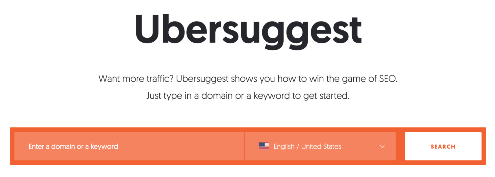 The Ubersuggest homepage with a white background and orange form fields