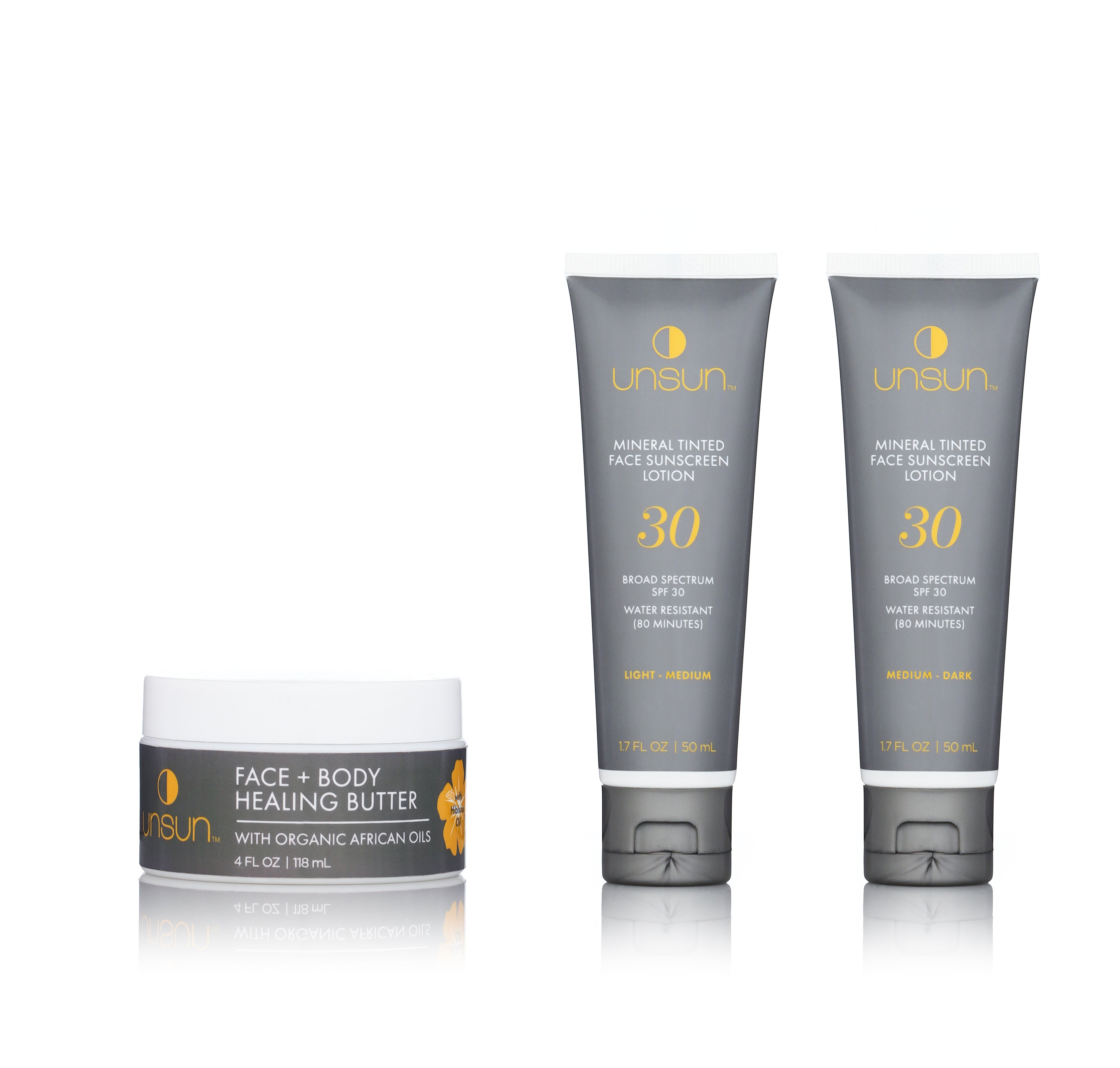 Unsun’s Prestige line, in order from left to right: Face + Body Healing Butter, Mineral Tinted Face Sunscreen Lotion Light-Medium, and Mineral Tinted Face Sunscreen Lotion Medium-Dark. 