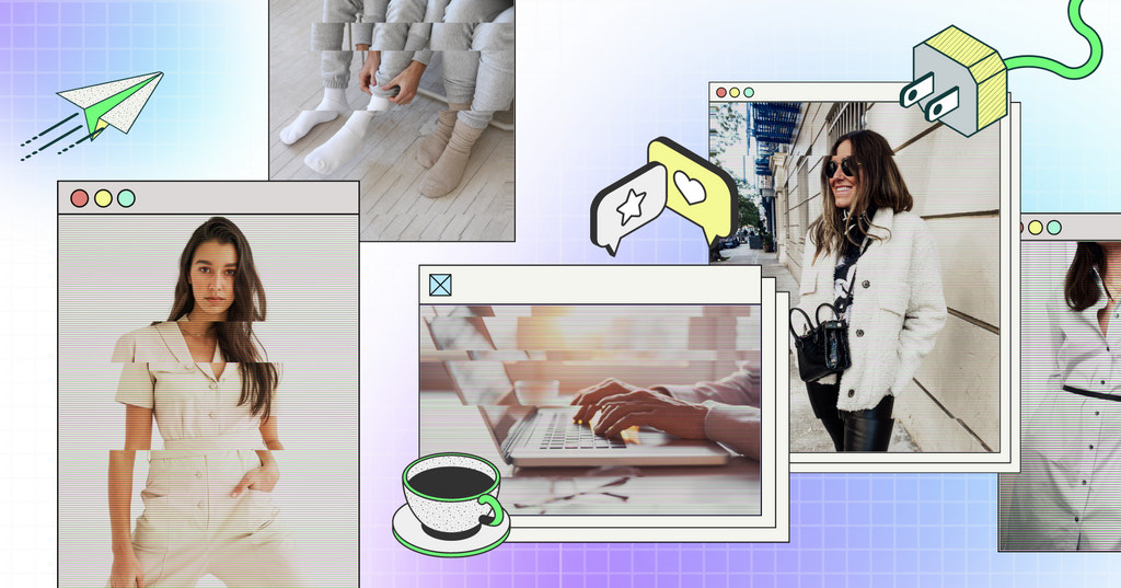 Header image with photos of professional work outfits and laptop to depict working from home