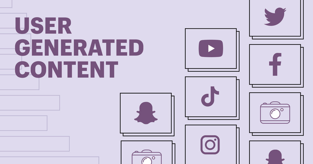 User generated content banner image illustration showing logos for different UGC channels: YouTube, Twitter, Snapchat, TikTok, Facebook, etc.