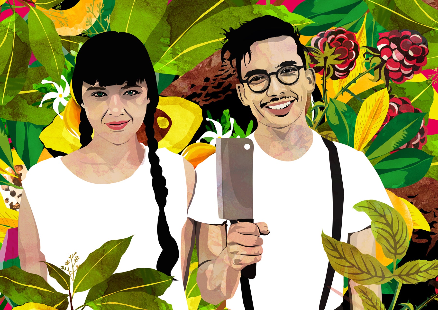 Illustration of Aubry and Kale Walch, founders of The Herbivorous Butcher, standing amongst lush, colourful plant life. Kale is holding up a cleaver.