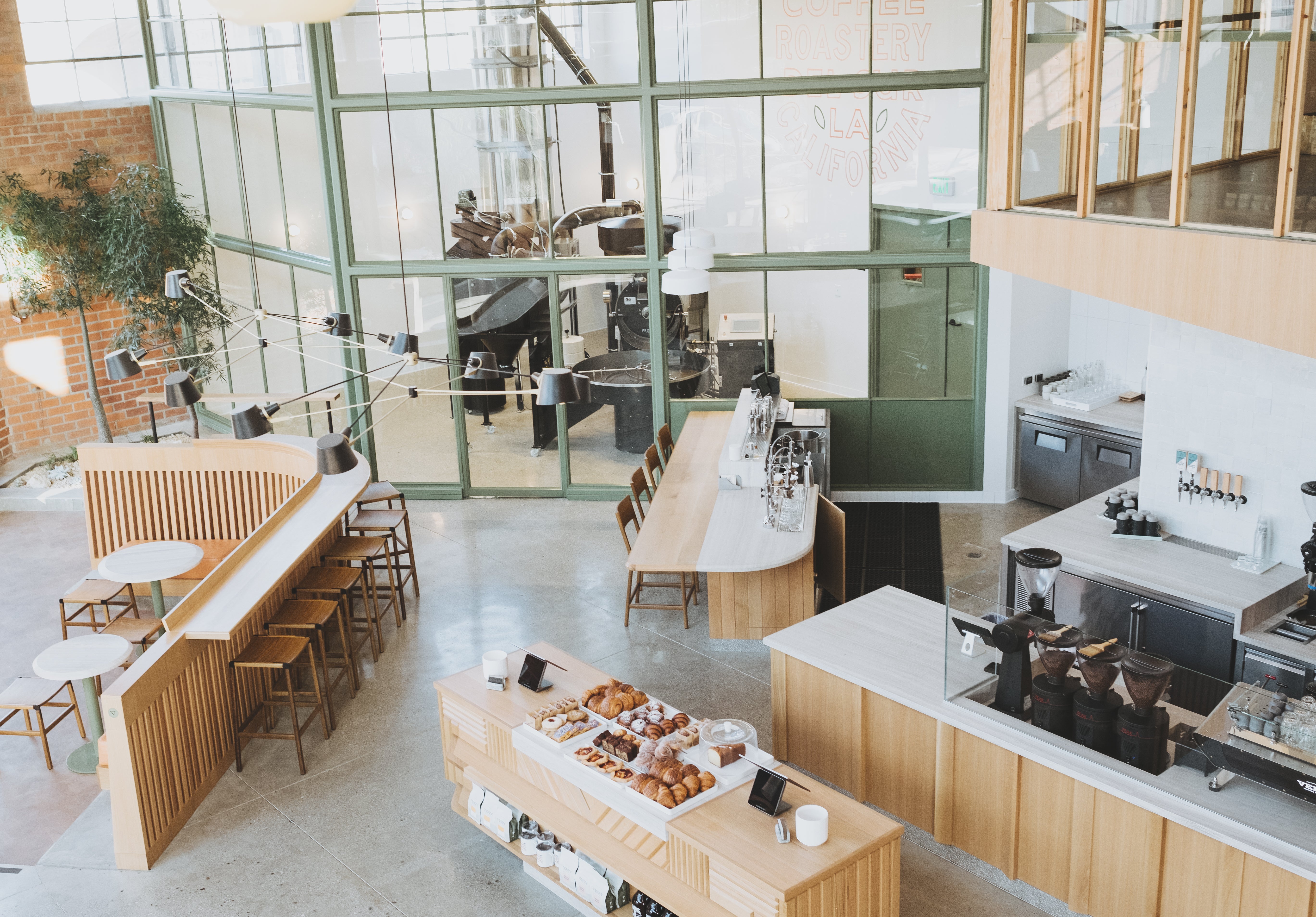 A birds-eye view of the Verve roastery and cafe located in Los Angeles' art district, named the Roastery Del Sur. 