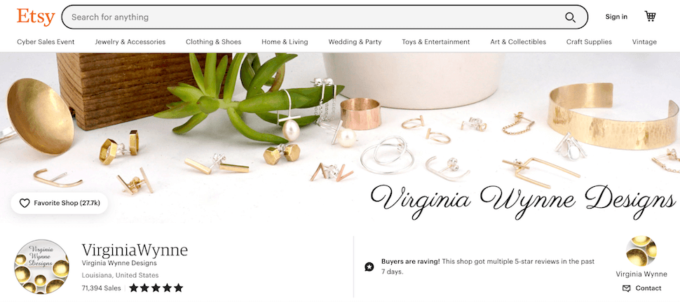 Virginia Wynne Designs Etsy shop showing gold and copper earings