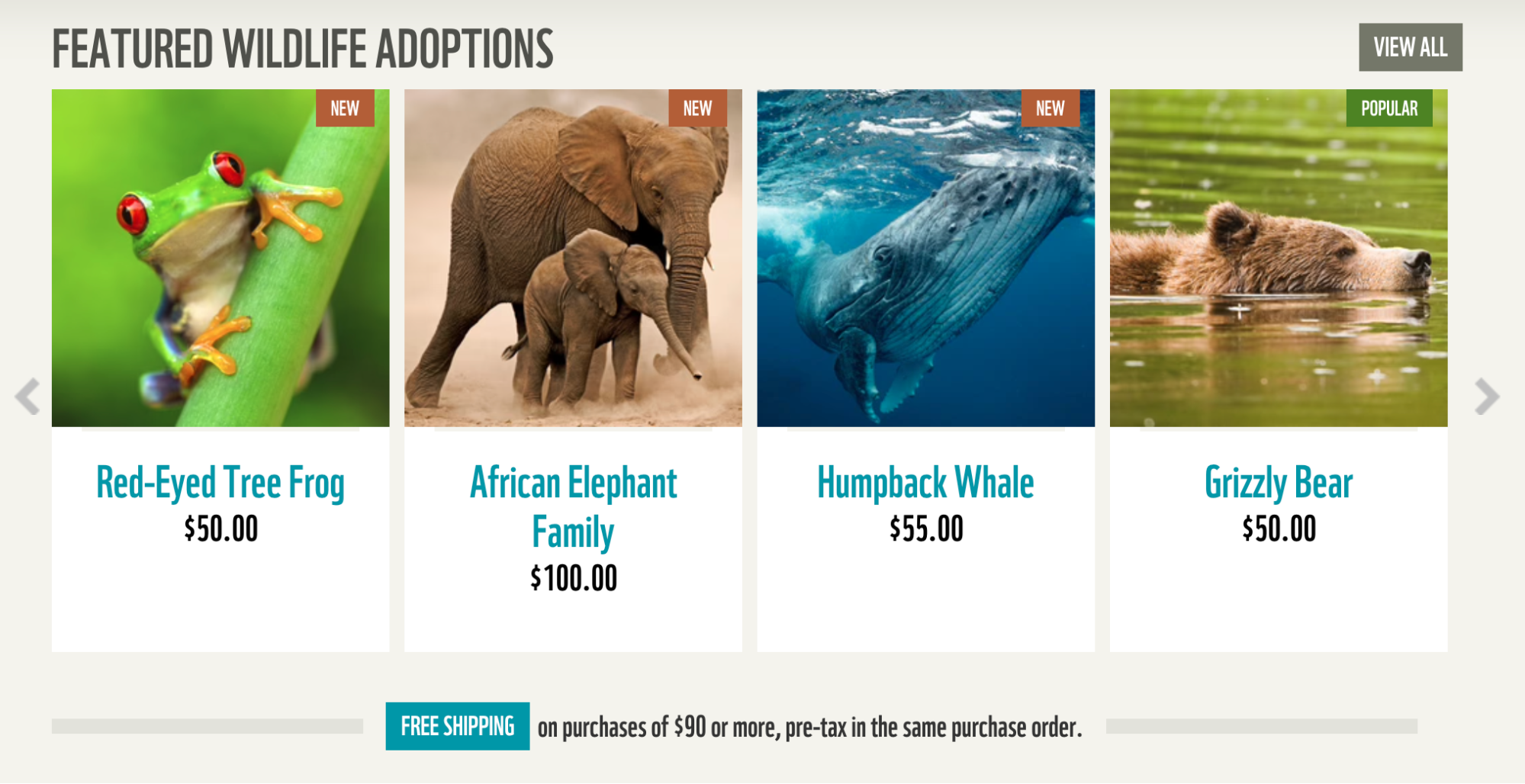 World Wildlife Foundation product listings featuring a frog, elephants, a whale, and a grizzly bear, animals you can “buy” with your donation.