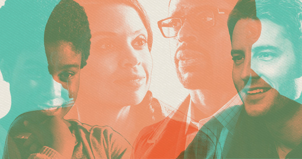 Photo collage of four characters from This Is Us. From left to right, Deja (Lyric Ross), Beth Pearson (Susan Kelechi Watson), Randall Pearson (Sterling K Brown)and Kevin (Justin Hartley).