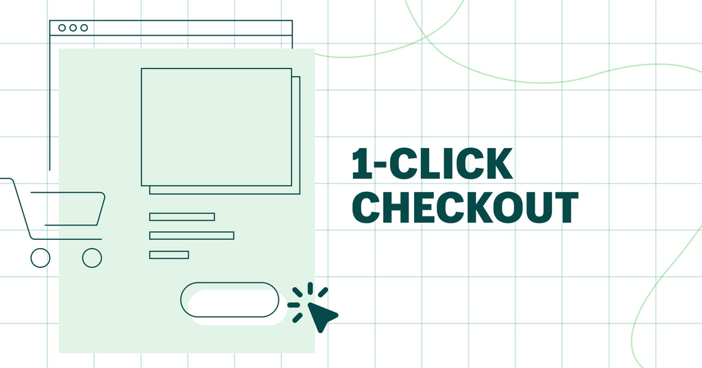 The text 1-click checkout hovers next to graphics including a webpage and a shopping cart