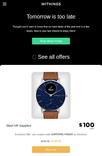 Withings message in the top half of the email, with example product image and price in the bottom half 