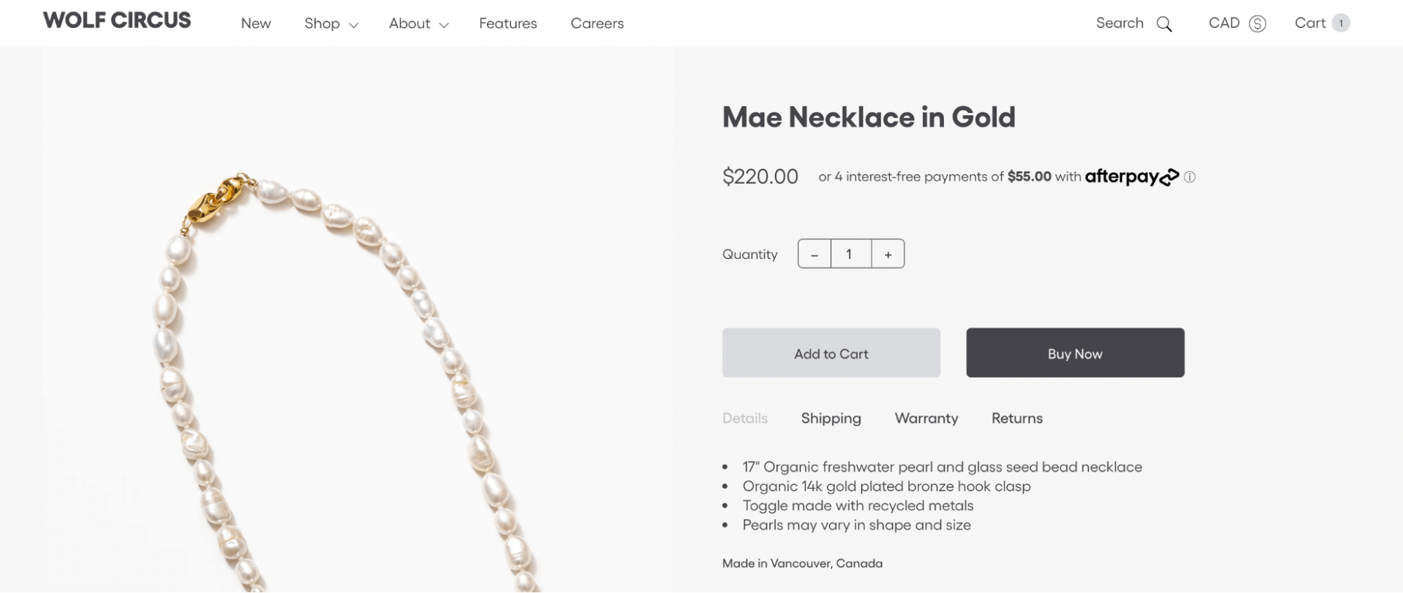 Gold necklace product page showing how a $220 product can be paid for in four installments of $55 using AfterPay. 