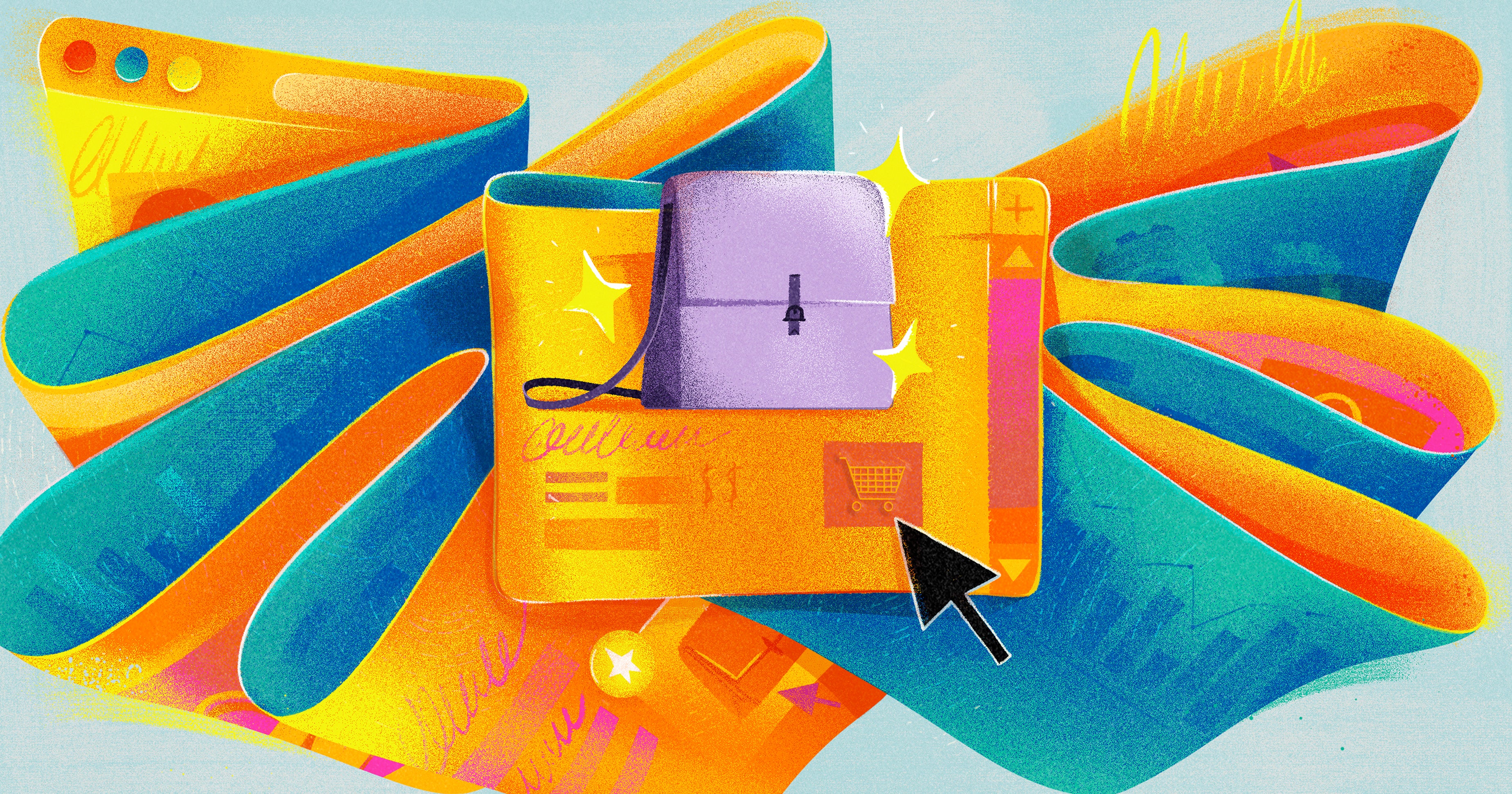 Illustration of colorful ribbons formed from browser windows with the center displaying a handbag with an mouse clicking the "add to cart" button