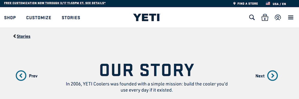 Screenshot of YETI about page with mission statement.