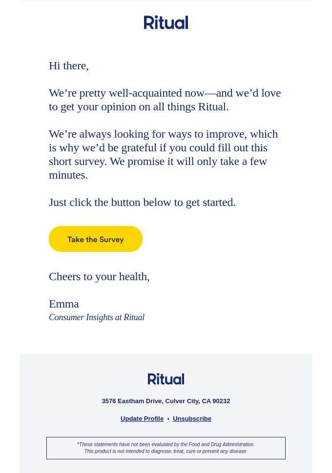 A re-engagement email as part of a win-back campaign from Ritual asking to take a survey. Email courtesy of Really Good Emails.