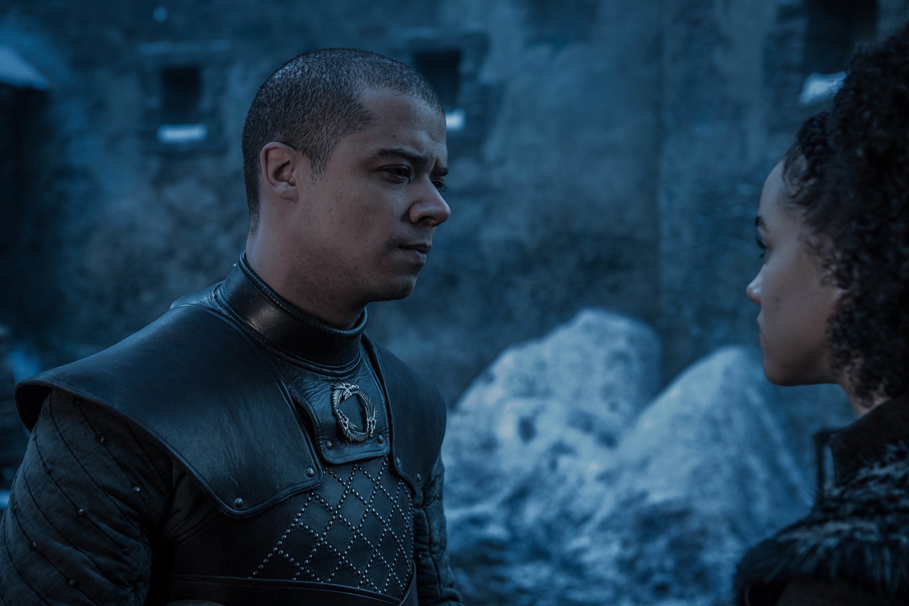 Grey Worm and Missandei stand close to each other in the courtyard of Winterfell.