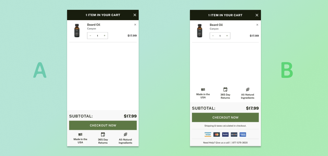 Two versions of a website shopping cart, one with extra information about payment terms.