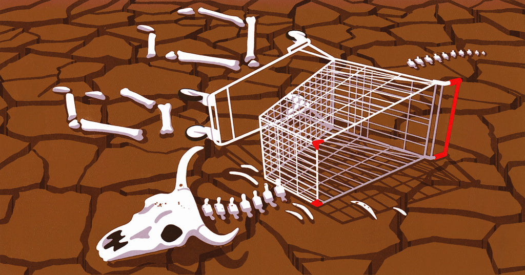 Illustration of a skeleton in a desert in the shape of an abandoned cart