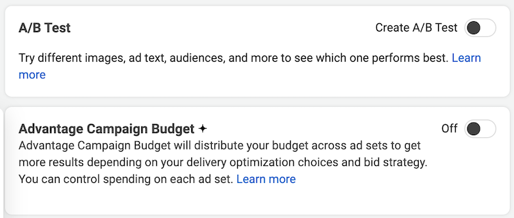 Toggles to A/B test and automate spending on a dynamic ad campaign.