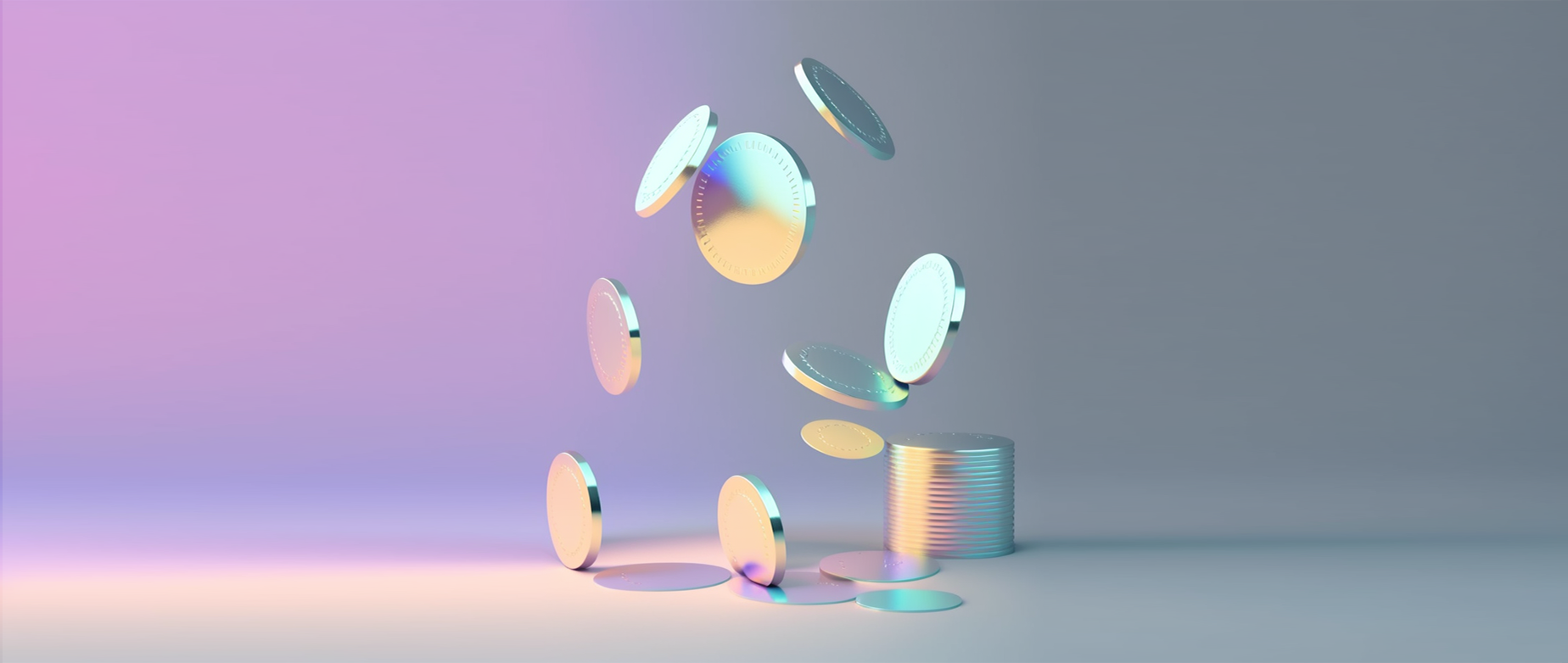 a stack of coins floating in space on a pastel backdrop