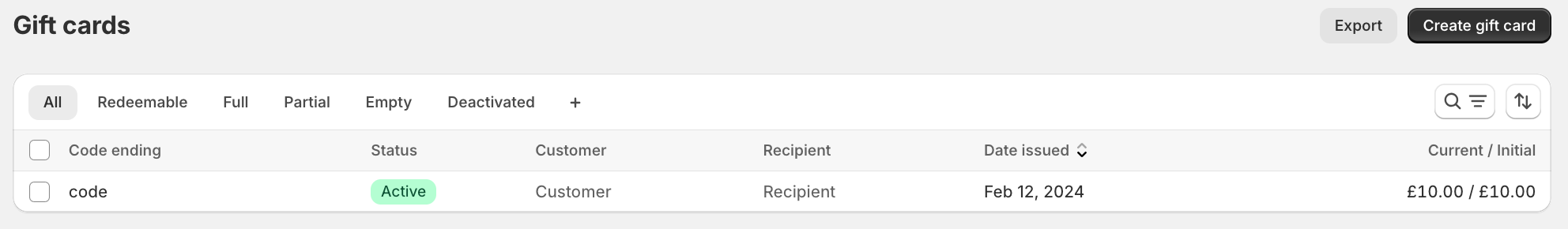 Screenshot of Shopify admin showing list of active gift card products