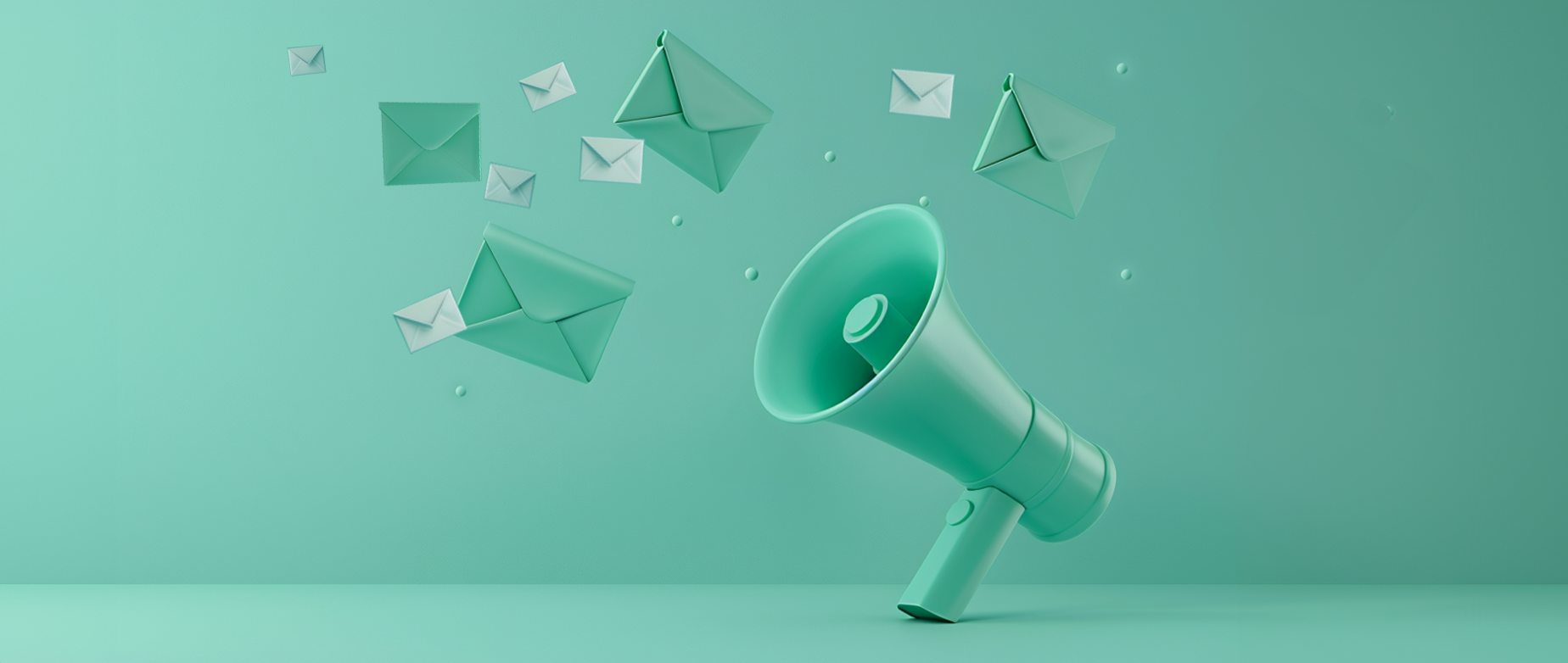 A megaphone with envelopes falling around it on a mint green background.