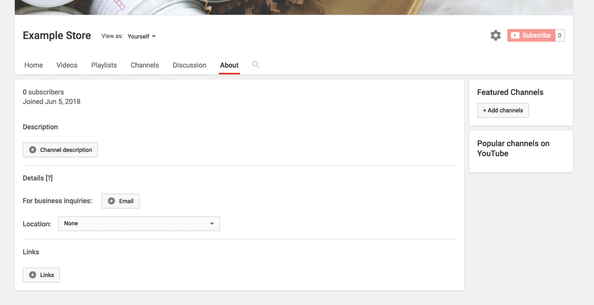 Screenshot of where to add your brand information to your YouTube channel.