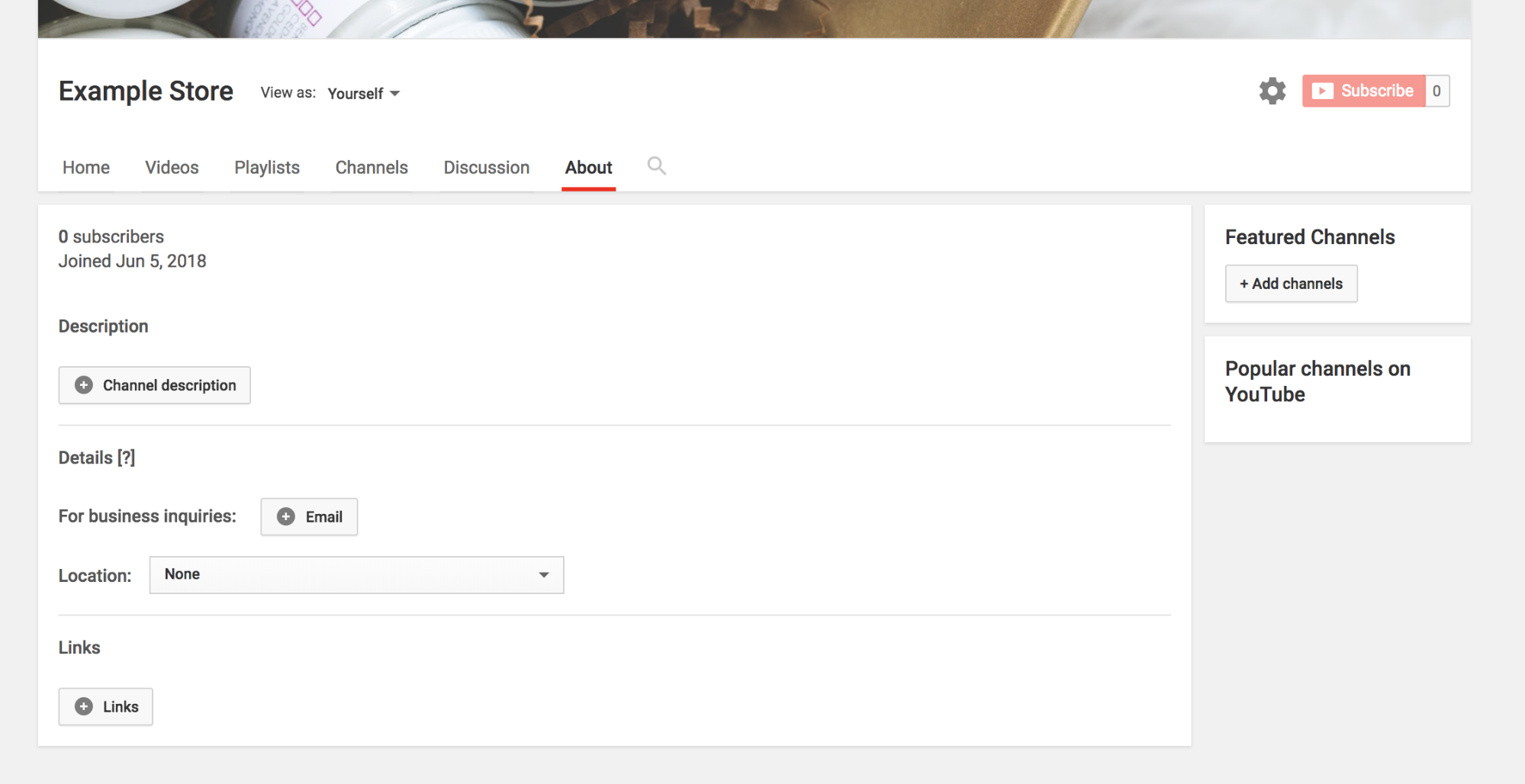 Screenshot of where to add your brand information to your YouTube channel. 
