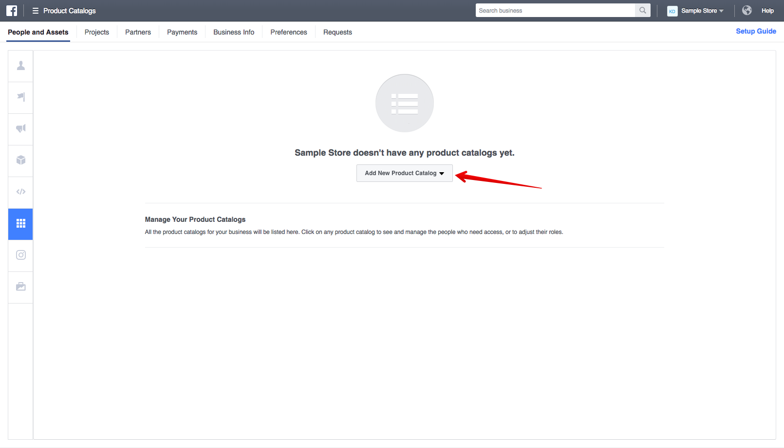 The Add New Product Catalog button is highlighted in Meta Business Manager.