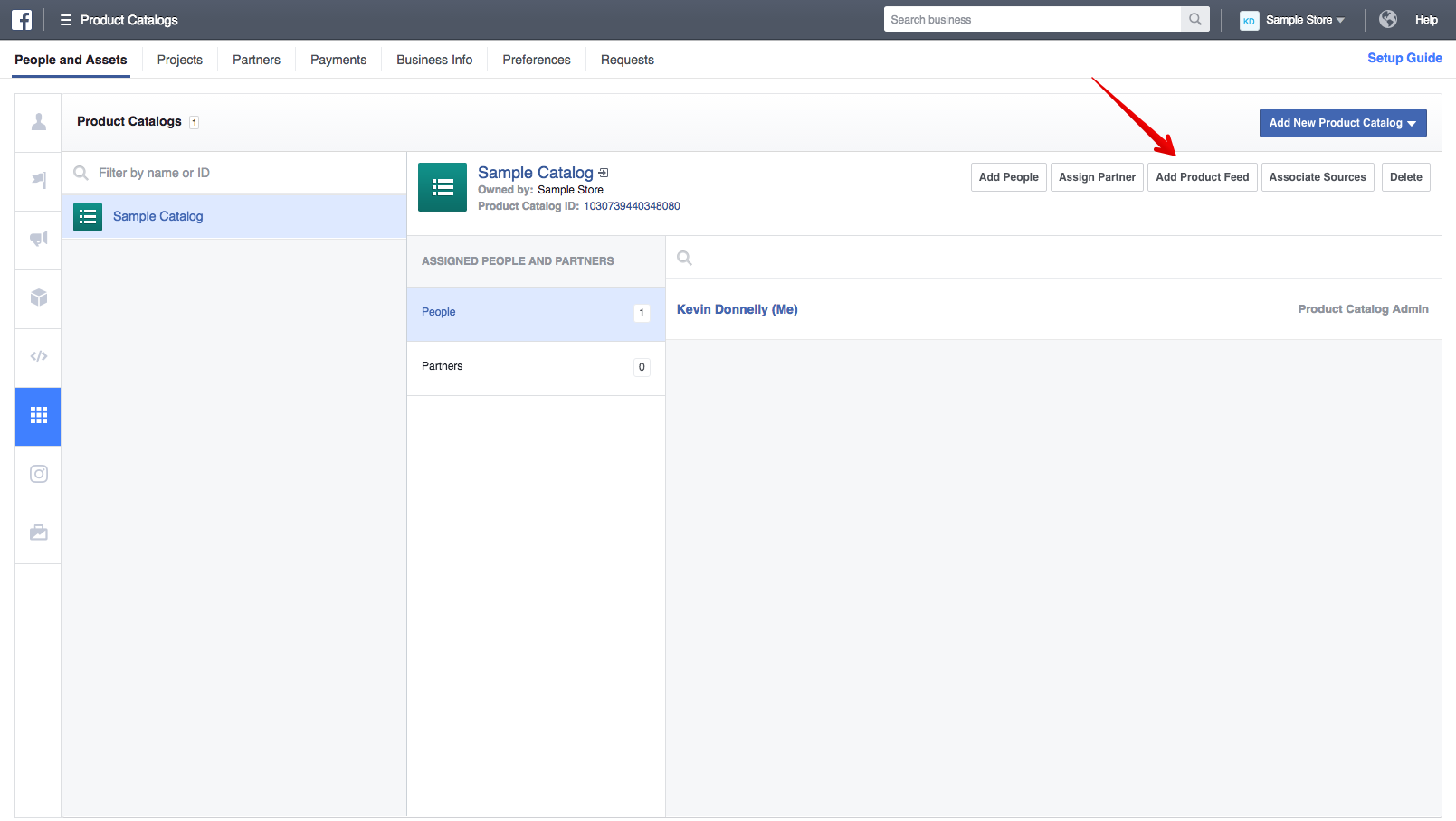 The Add Product Feed button is highlighted in Meta Business Manager.