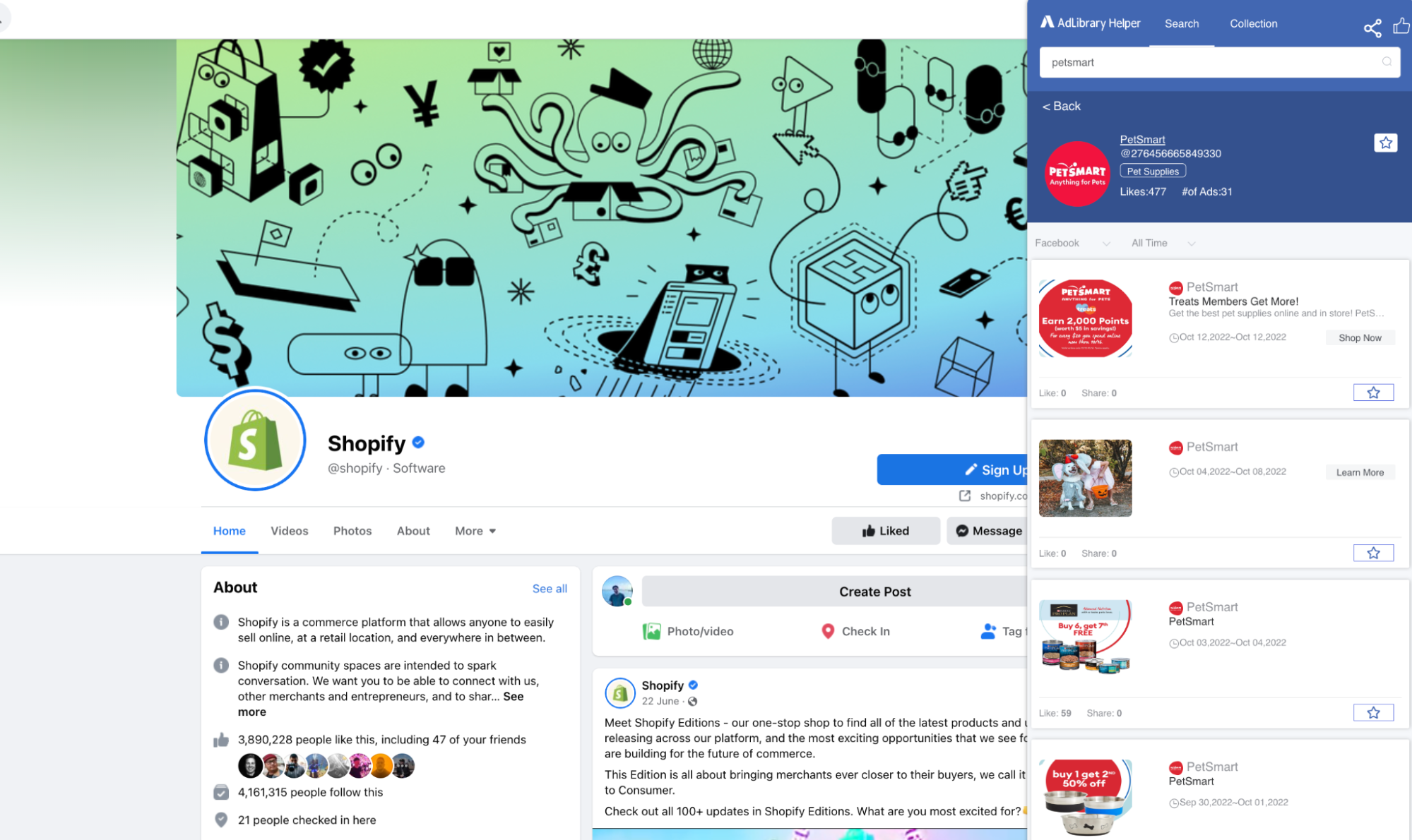 Shopify Facebook page with illustration of digital commerce tools and recent PetSmart ads.