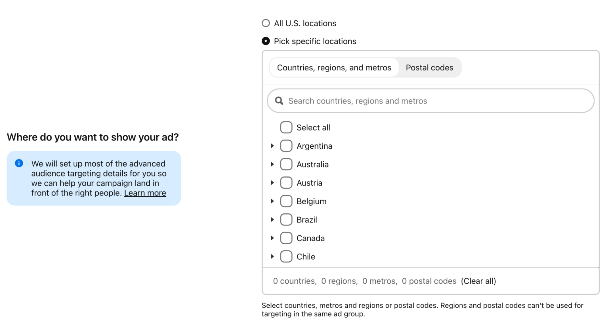 choosing ad targeting location in pinterest