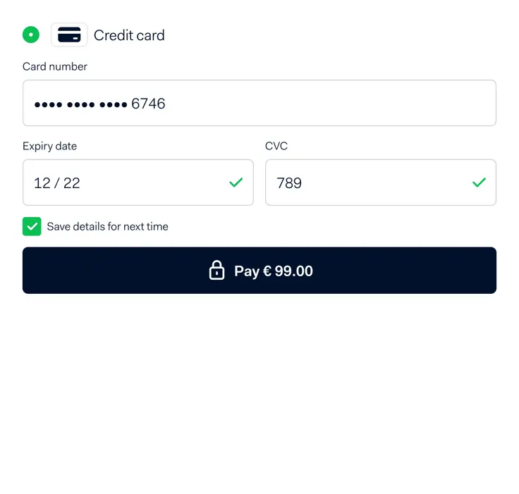 Adyen’s payment form asking for a customer’s credit card information.