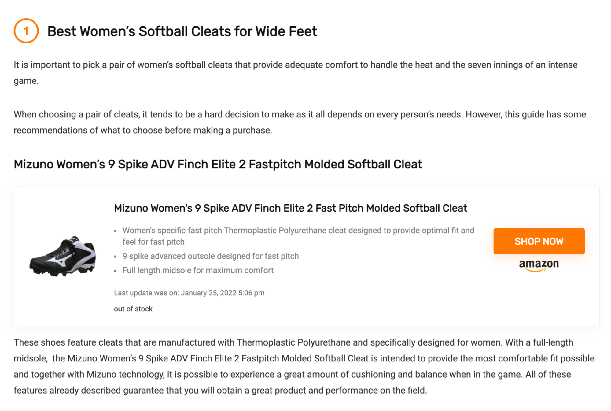 A review of women's softball cleats on Base Loaded Softball includes an Amazon purchase link button
