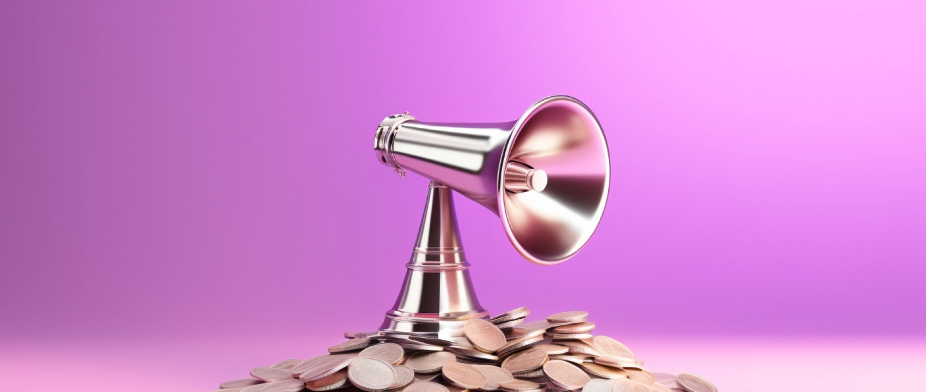 A shiny megaphone sitting on a pile of coins against a pink background.