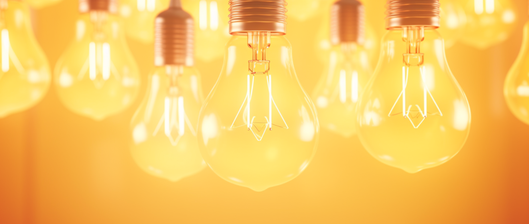 Lit up light bulbs hanging from the ceiling on a yellow orange background.