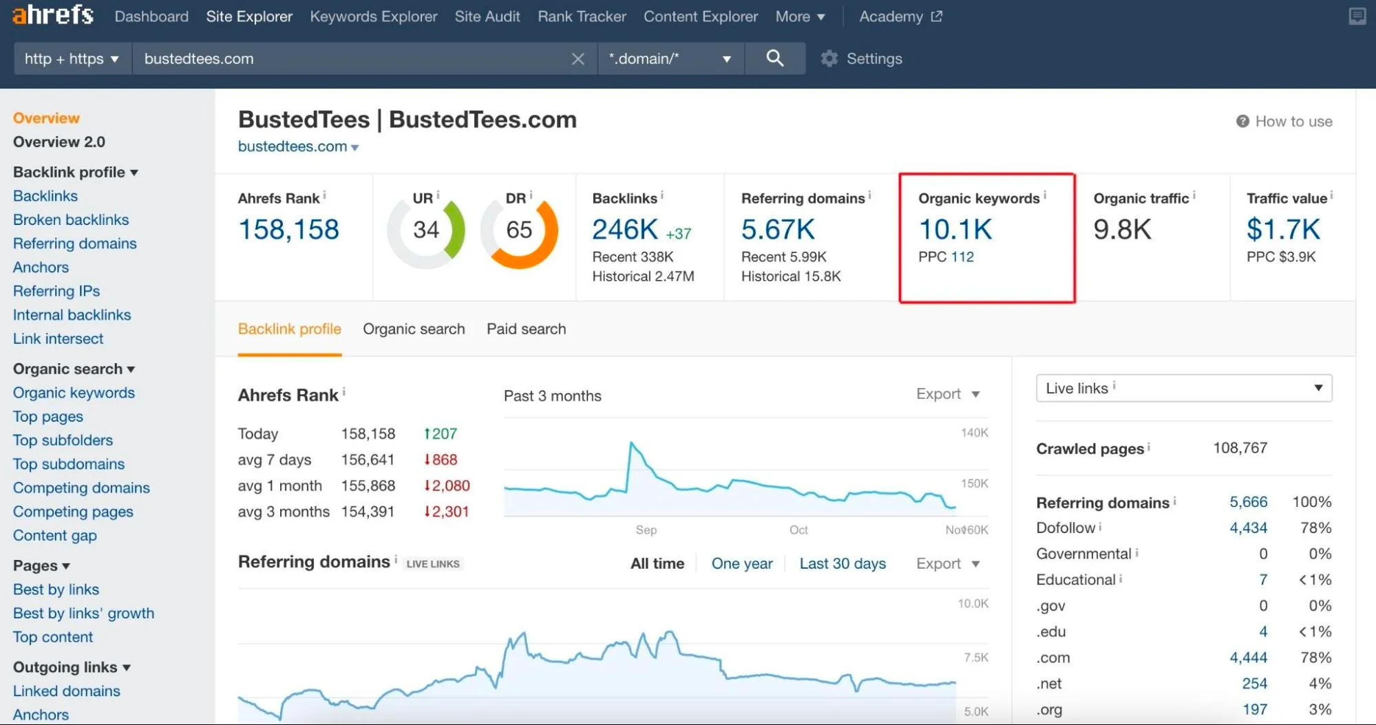 Ahrefs dashboard showing SEO data for BuestedTees.com