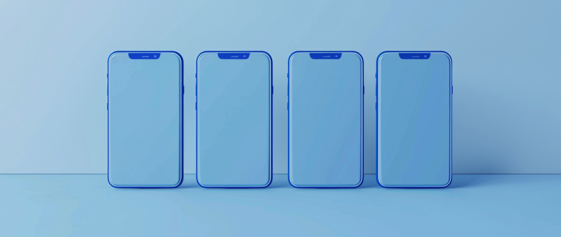 Four smart phones next to each other on a blue background.