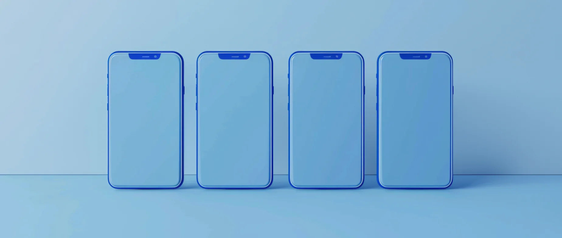 Four smart phones next to each other on a blue background: dangers of AI.