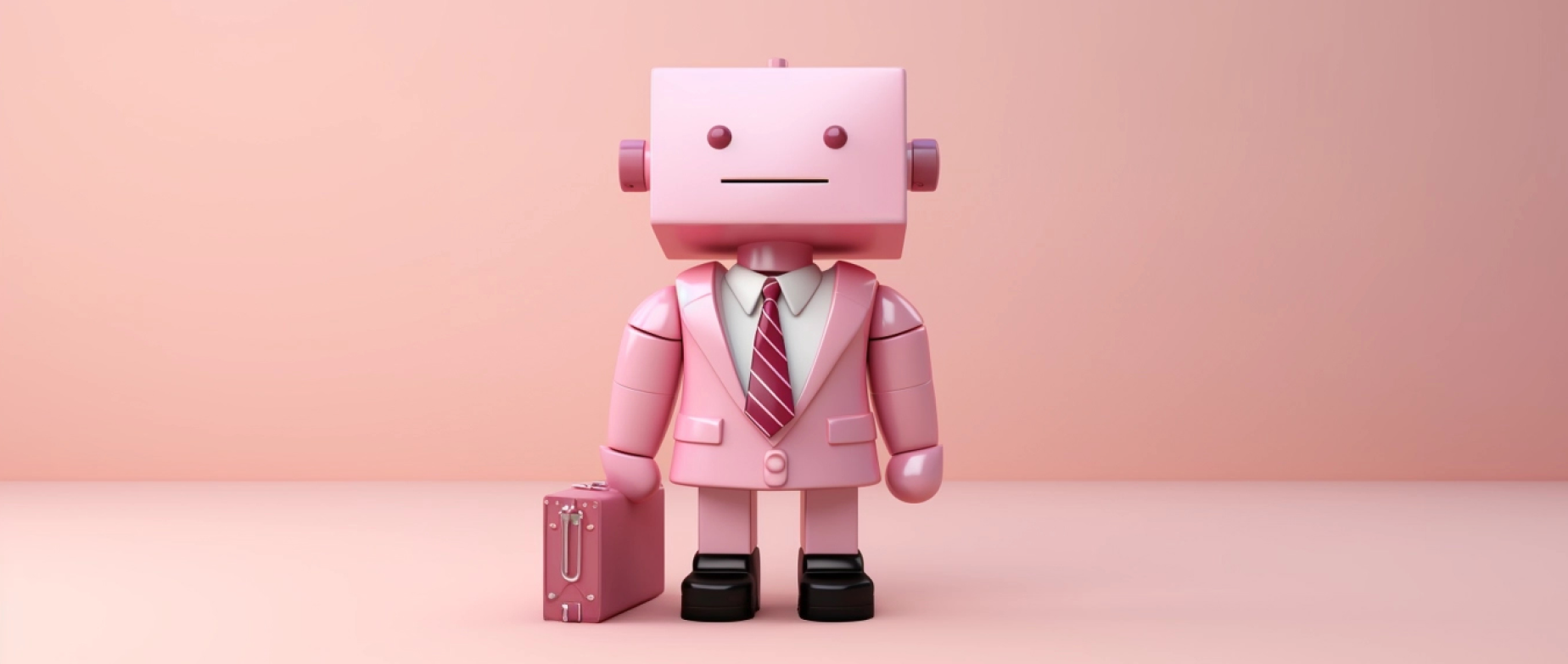 A pink robot wearing a suit and holding a briefcase on a light pink background.