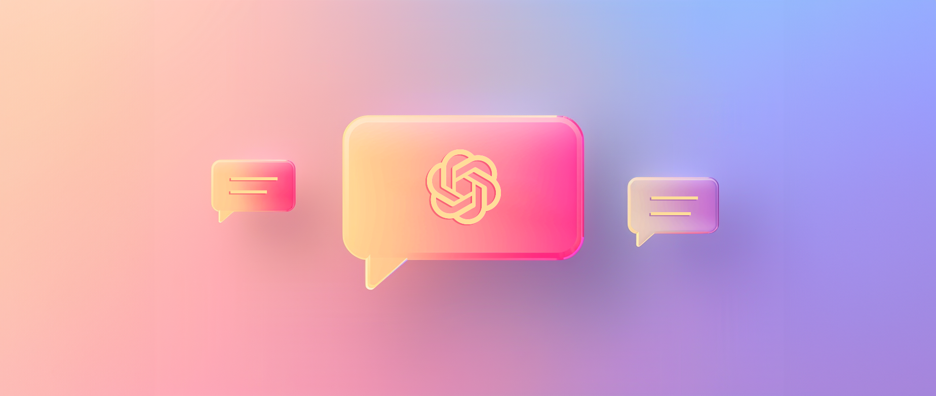 Three chat icons with lines and ChatGPT logo on pink blue background.