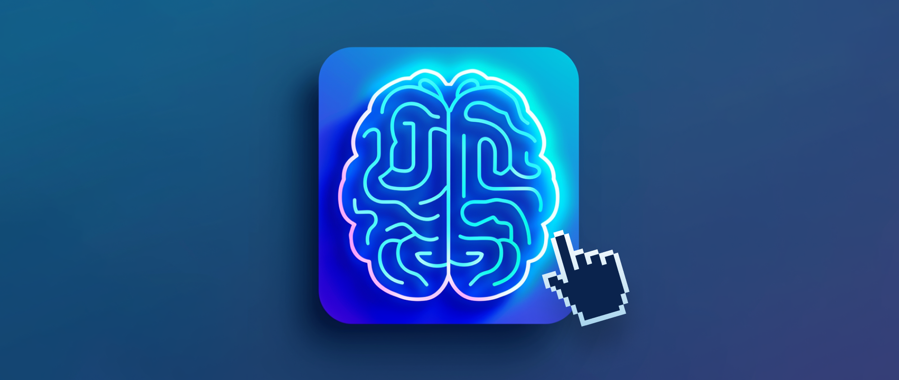 A cursor selecting an app icon with an illuminated brain on a blue background.
