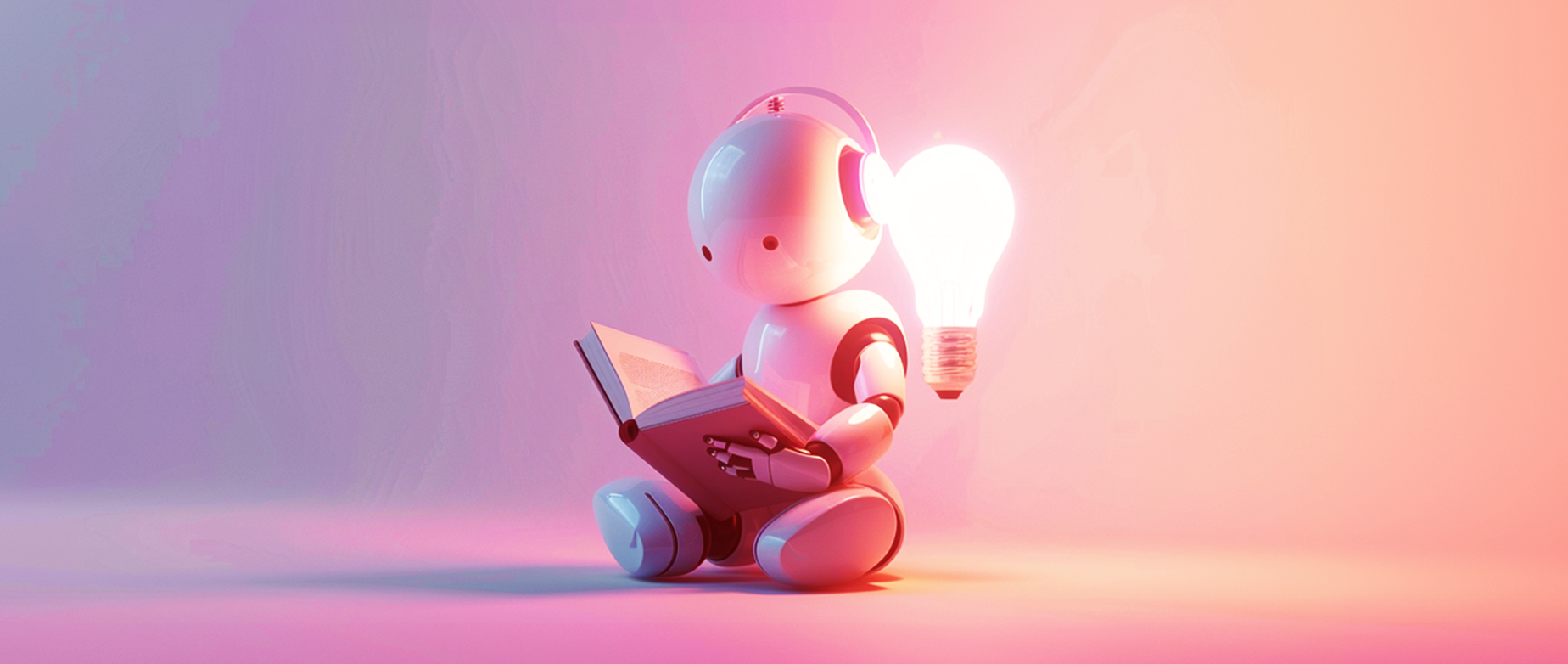 A robot reading a book next to an illuminated lightbulb.