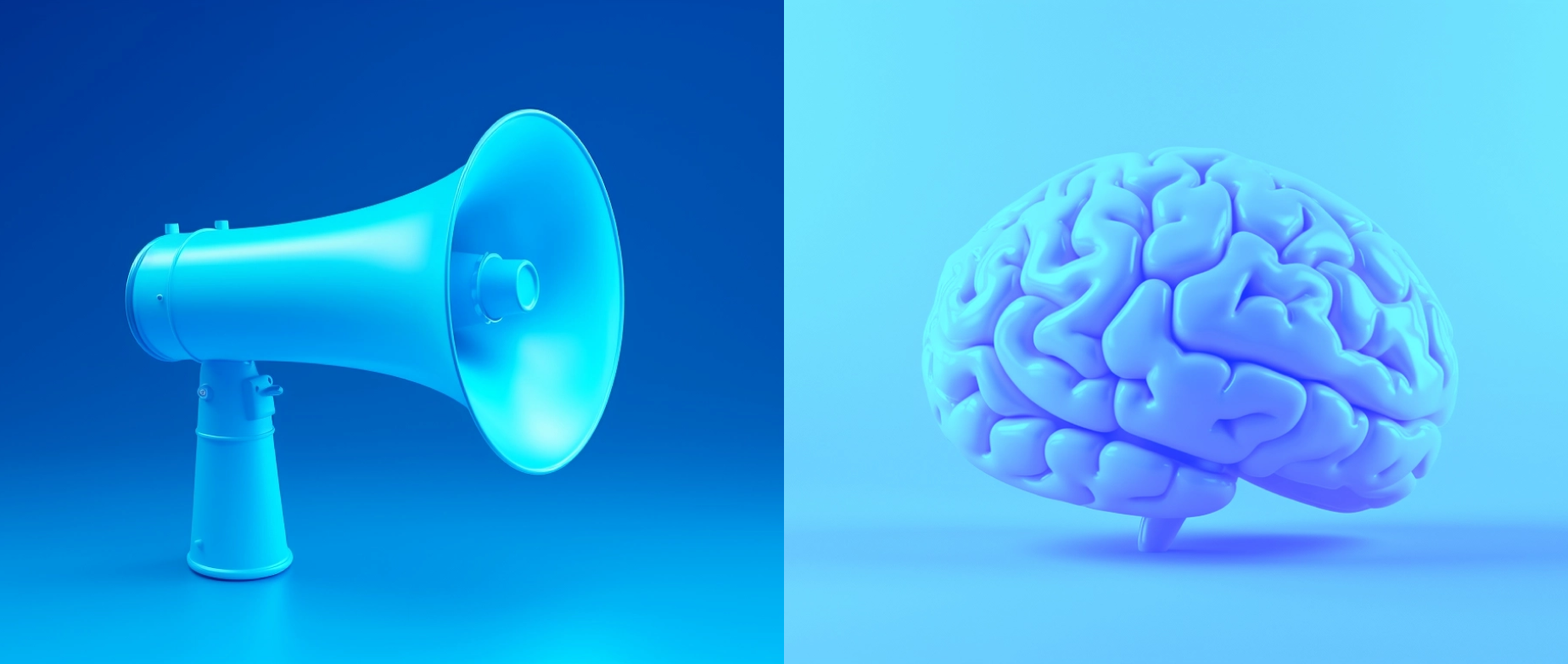 A blue megaphone on a dark blue background next to a light blue brain on a light blue background.